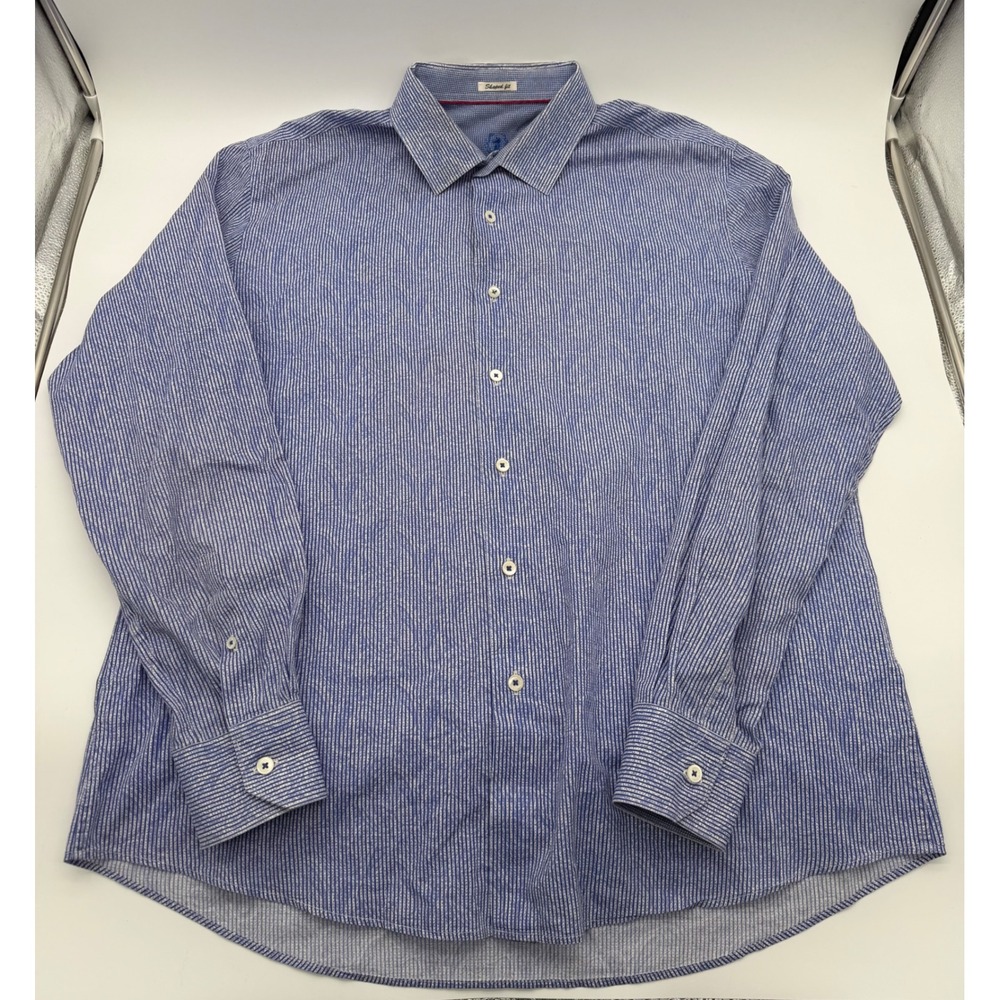 Bugatchi Uomo Mens Blue White Striped Shaped Fit Long Sleeve Button Down Shirt
